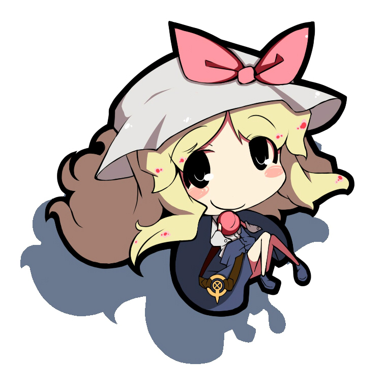 yofukashi, watatsuki no toyohime, silent sinner in blue, touhou, 1girl, blonde hair, chibi, female focus, food, fruit, full body, hat, long hair, peach, solo, white background