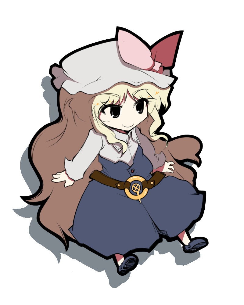 yofukashi, watatsuki no toyohime, silent sinner in blue, touhou, 1girl, blonde hair, female focus, full body, hat, long hair, solo, white background