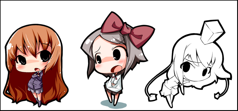 yofukashi, shameimaru aya, touhou, character request, 3girls, female focus, full body, hat, monochrome, multiple girls, simple background, standing, tokin hat, white background