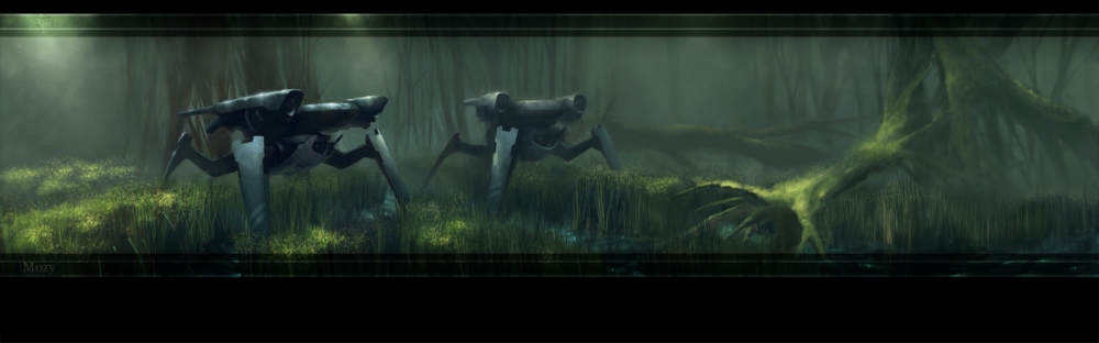 mozuo, forest, gun, mecha, nature, robot, scenery, tree, water, weapon, wetland