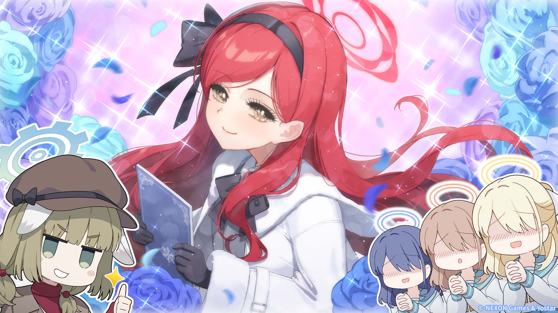 nijihashi sora, takane (blue archive), trinity student (blue archive), yakumo (blue archive), blue archive, highres, official art, 5girls, animal ears, black gloves, black hairband, blonde hair, blue flower, blue hair, blue halo, blue rose, blue sailor collar, blush, book, brown hair, brown hat, flower, gloves, green eyes, green hair, hairband, halo, hat, holding, holding book, jacket, long hair, long sleeves, looking at viewer, medium hair, multiple girls, newsboy cap, own hands clasped, own hands together, red hair, red halo, red sweater, rose, sailor collar, smile, sparkle, sweater, thumbs up, turtleneck, turtleneck sweater, upper body, white jacket, yellow eyes, yellow halo