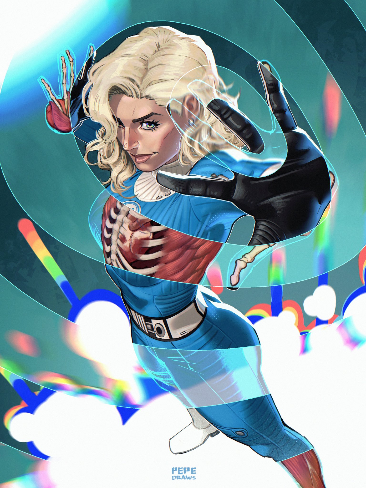 pepedraws, sue storm, fantastic four, marvel, marvel rivals, the fantastic four: first steps, commentary, english commentary, highres, 1girl, artist name, black gloves, blonde hair, blue bodysuit, blue eyes, bodysuit, bone, boots, earrings, exposed bone, exposed heart, exposed muscle, gloves, green eyes, heart (organ), jewelry, linea alba, looking at viewer, looking up, medium hair, multicolored eyes, ribs, see-through body, solo, stud earrings, superhero costume, white boots, x-ray