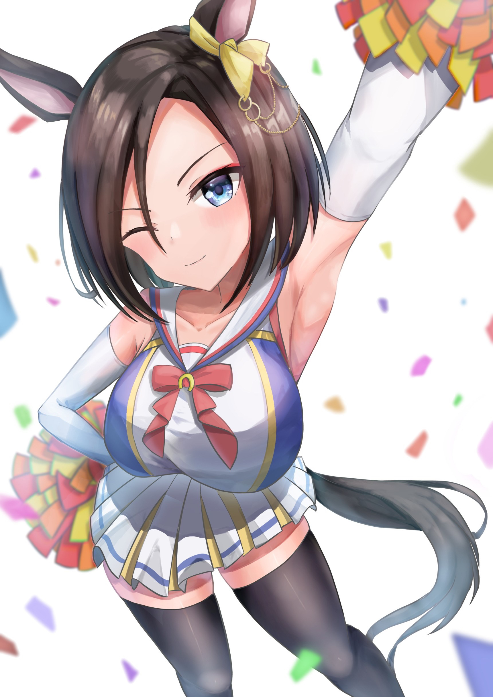waity awa, air groove (umamusume), umamusume, absurdres, commentary, highres, 1girl, animal ears, armpits, black thighhighs, blue eyes, bow, breasts, brown hair, cheerleader, confetti, crop top, crop top overhang, ear bow, ear chain, hair between eyes, holding, holding pom poms, horse ears, horse girl, horse tail, large breasts, linked piercing, looking at viewer, one eye closed, piercing, pleated skirt, pom pom (cheerleading), pom poms, short hair, skirt, smile, solo, tail, thighhighs, yellow bow