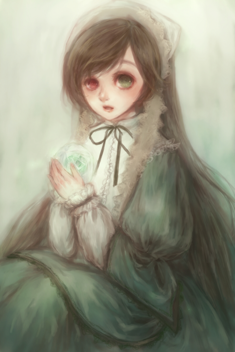 yukishiro, yukishiro (hitsuji), suiseiseki, rozen maiden, bad id, bad pixiv id, highres, 00s, 1girl, brown hair, dress, female focus, frills, hairband, headscarf, heterochromia, long hair, solo, very long hair, white headscarf