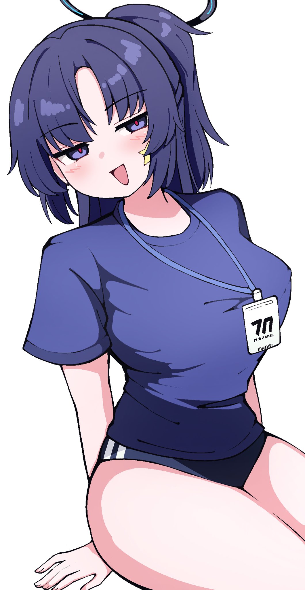 yuntaro (ramen star), yuuka (blue archive), yuuka (track) (blue archive), blue archive, 1girl, blue buruma, blue eyes, blue hair, blue shirt, blue shorts, blush, breasts, buruma, gym shirt, gym shorts, gym uniform, halo, id card, lanyard, large breasts, long hair, open mouth, ponytail, red pupils, shirt, short shorts, shorts, sitting, smile, solo, star (symbol), sticker, sticker on face, t-shirt, thick thighs, thighs, white background