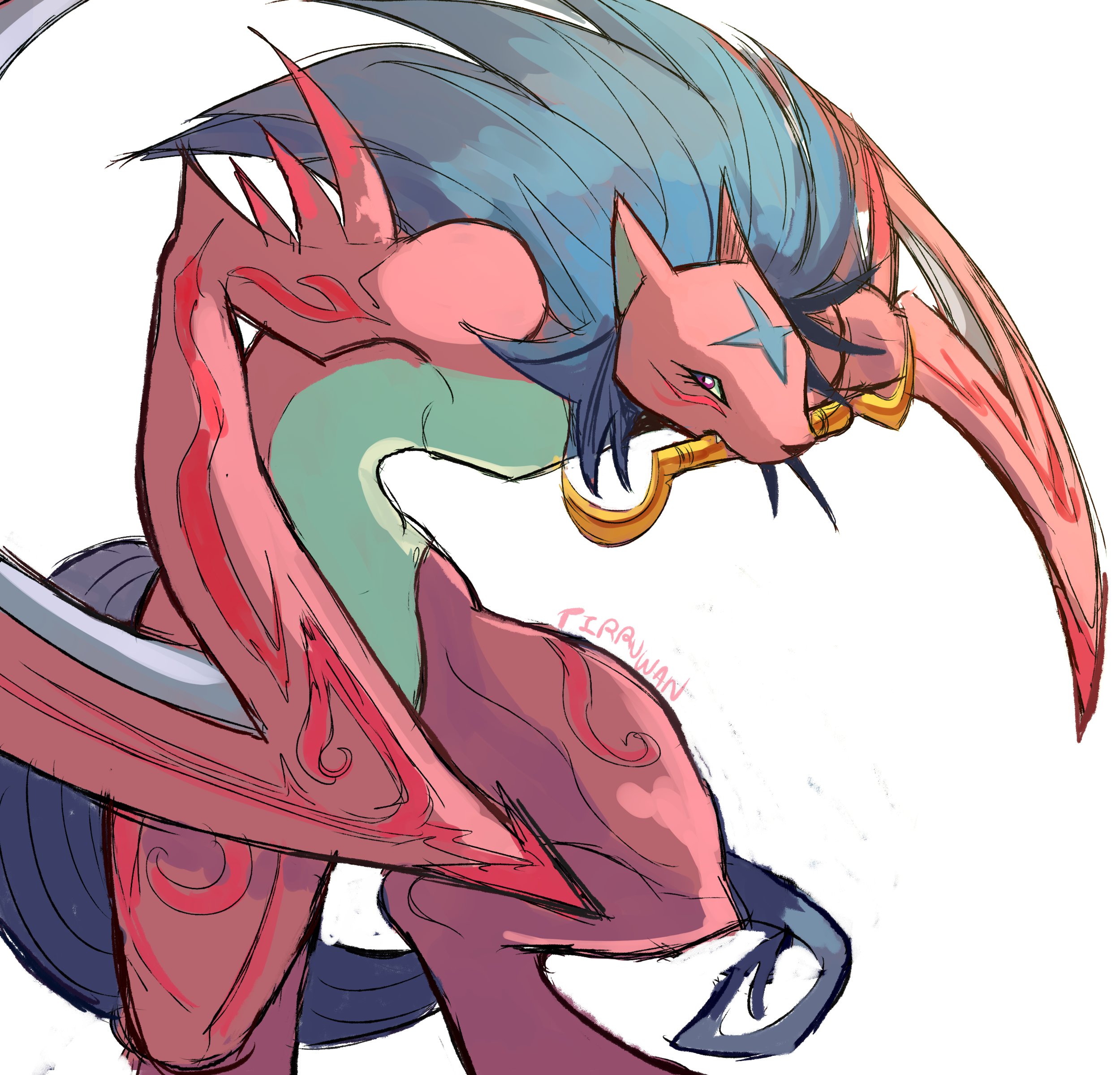 kyukimon, digimon, blue hair, digimon (creature), fang, jackie!, looking at viewer, pink fur, tail