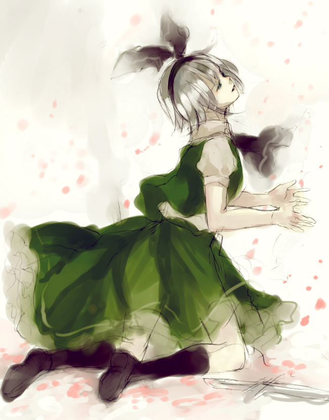 minase (mmakina), konpaku youmu, touhou, silver hair, 1girl, blue eyes, cherry blossoms, female focus, hairband, katana, kneeling, shirt, short hair, skirt, skirt set, solo, sword, tears, vest, weapon