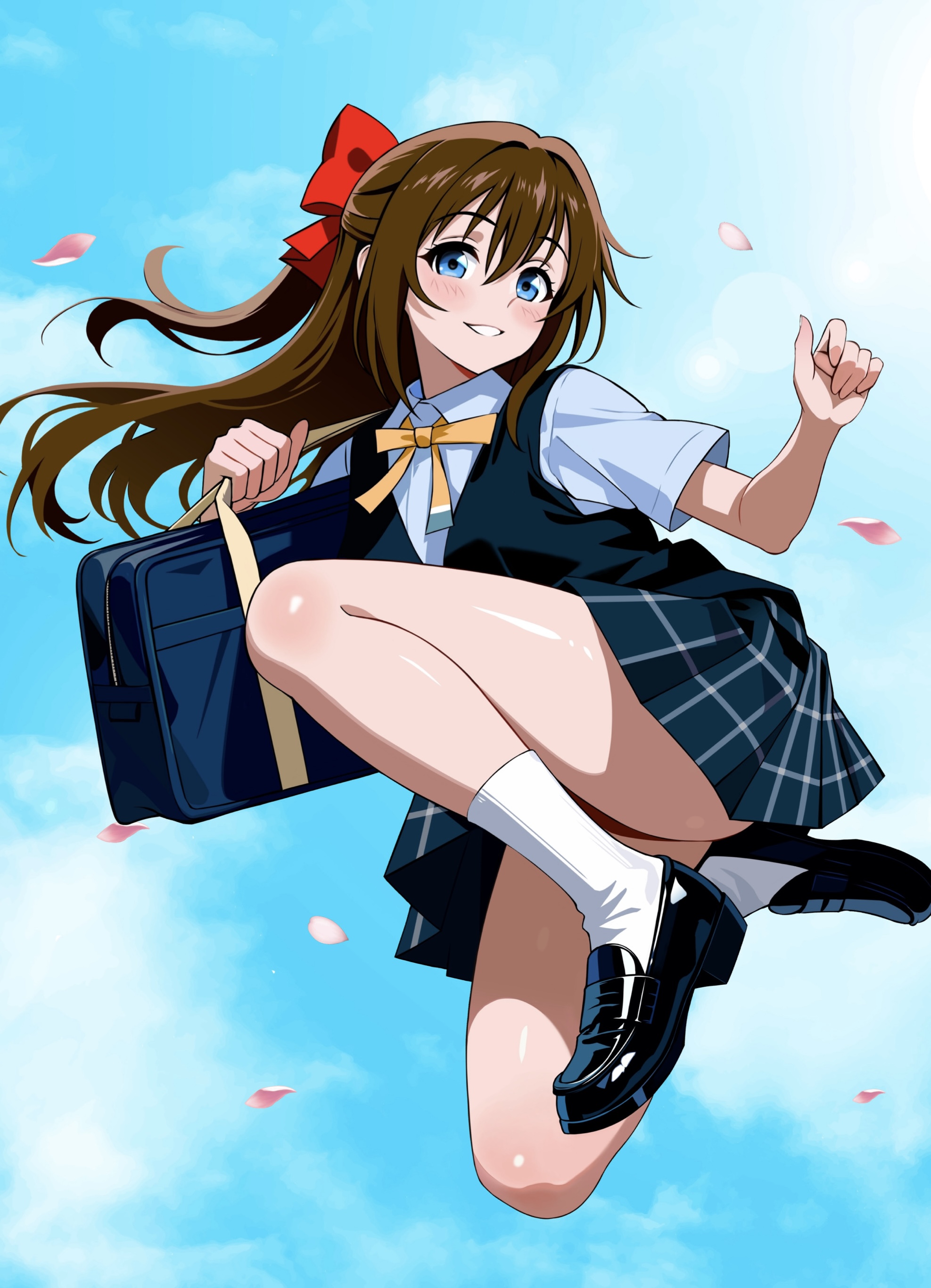 zaofeng, osaka shizuku, love live!, love live! nijigasaki high school idol club, absurdres, commentary request, highres, 1girl, bag, black shoes, blue eyes, blue shirt, blue sky, blue vest, blush, bow, brown hair, cherry blossoms, cloud, day, grin, hair between eyes, hair bow, loafers, long hair, looking at viewer, nijigasaki school uniform, outdoors, red bow, school bag, school uniform, shirt, shoes, short sleeves, sidelocks, sky, smile, socks, solo, thighs, vest, white socks