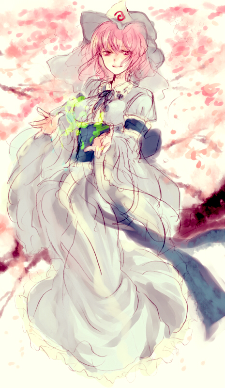 minase (mmakina), saigyouji yuyuko, touhou, 1girl, breasts, cherry blossoms, female focus, hat, japanese clothes, kimono, long sleeves, looking at viewer, mob cap, obi, pink eyes, pink hair, sash, smile, solo, standing, triangular headpiece