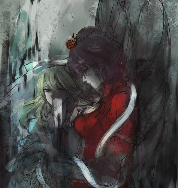 minase (mmakina), kochiya sanae, yasaka kanako, touhou, 2girls, blonde hair, breasts, closed eyes, expressionless, female focus, from side, large breasts, multiple girls, pale skin, purple hair, shaded face, short hair, upper body