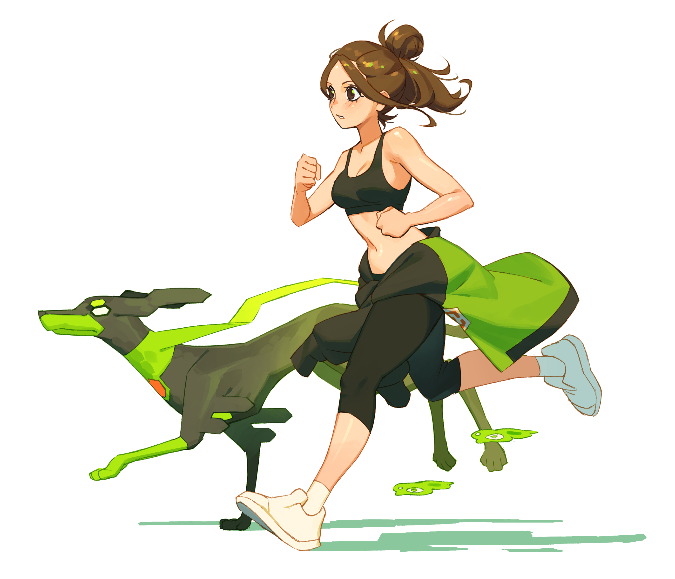 orisghost, harmony (pokemon), zygarde, zygarde cell, nintendo, pokemon, pokemon legends: z-a, absurdres, commentary, english commentary, highres, 1girl, bare shoulders, black leggings, black sports bra, blush, breasts, brown eyes, brown hair, clothes around waist, dog, gen 6 pokemon, green jacket, hair bun, jacket, jacket around waist, legendary pokemon, leggings, medium breasts, medium hair, navel, parted lips, pokemon (creature), running, shoes, simple background, socks, sports bra, stomach, white socks, zygarde (10)