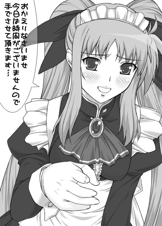 shichimenchou, fate testarossa, lyrical nanoha, mahou shoujo lyrical nanoha, translated, 00s, 1girl, blush, female focus, greyscale, maid, maid headdress, monochrome, simple background, solo, twintails
