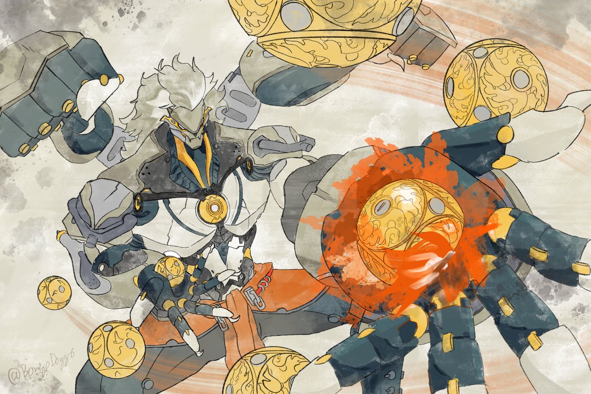 banyue (zenless zone zero), zenless zone zero, commentary, english commentary, 1boy, artificial eye, bongodoggo, claws, clothed robot, clothes around waist, extra arms, fire, floating ball, grey background, grey hair, holding orb, humanoid robot, long hair, male focus, mechanical eye, mechanical hands, metal skin, orb, robot, robot boy, solo, spread legs, twitter username