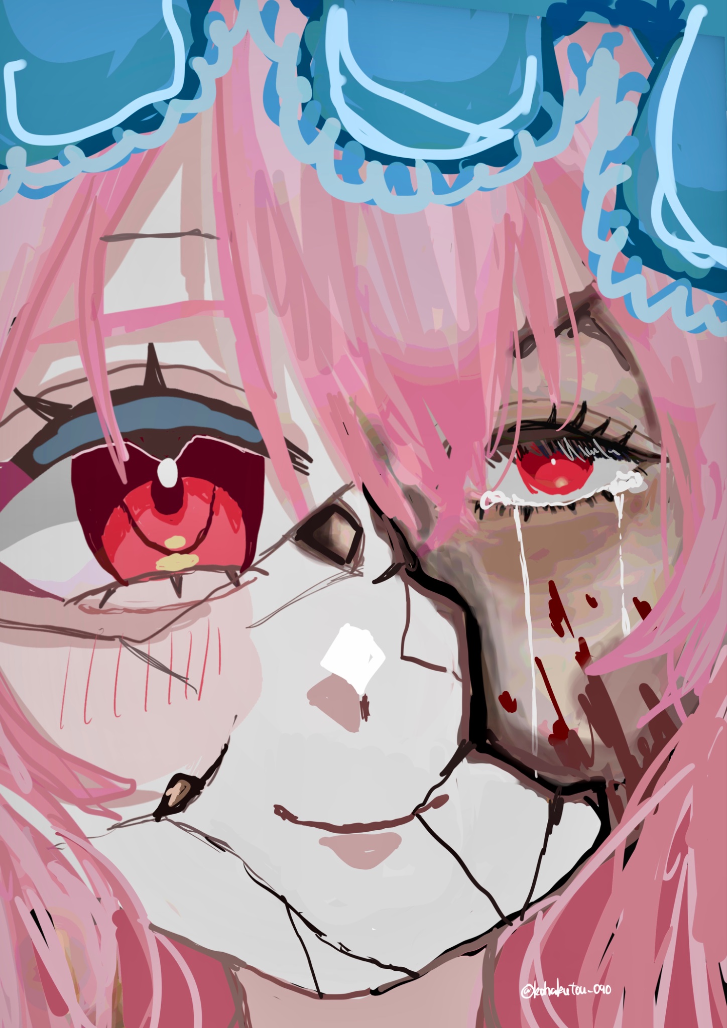 saigyouji yuyuko, touhou, commentary request, highres, 1girl, blood, blood on face, closed mouth, cracked kawaii mask, crying, crying with eyes open, kohakkk090, looking at viewer, mask, masked, pink hair, portrait, red eyes, smile, solo, tears