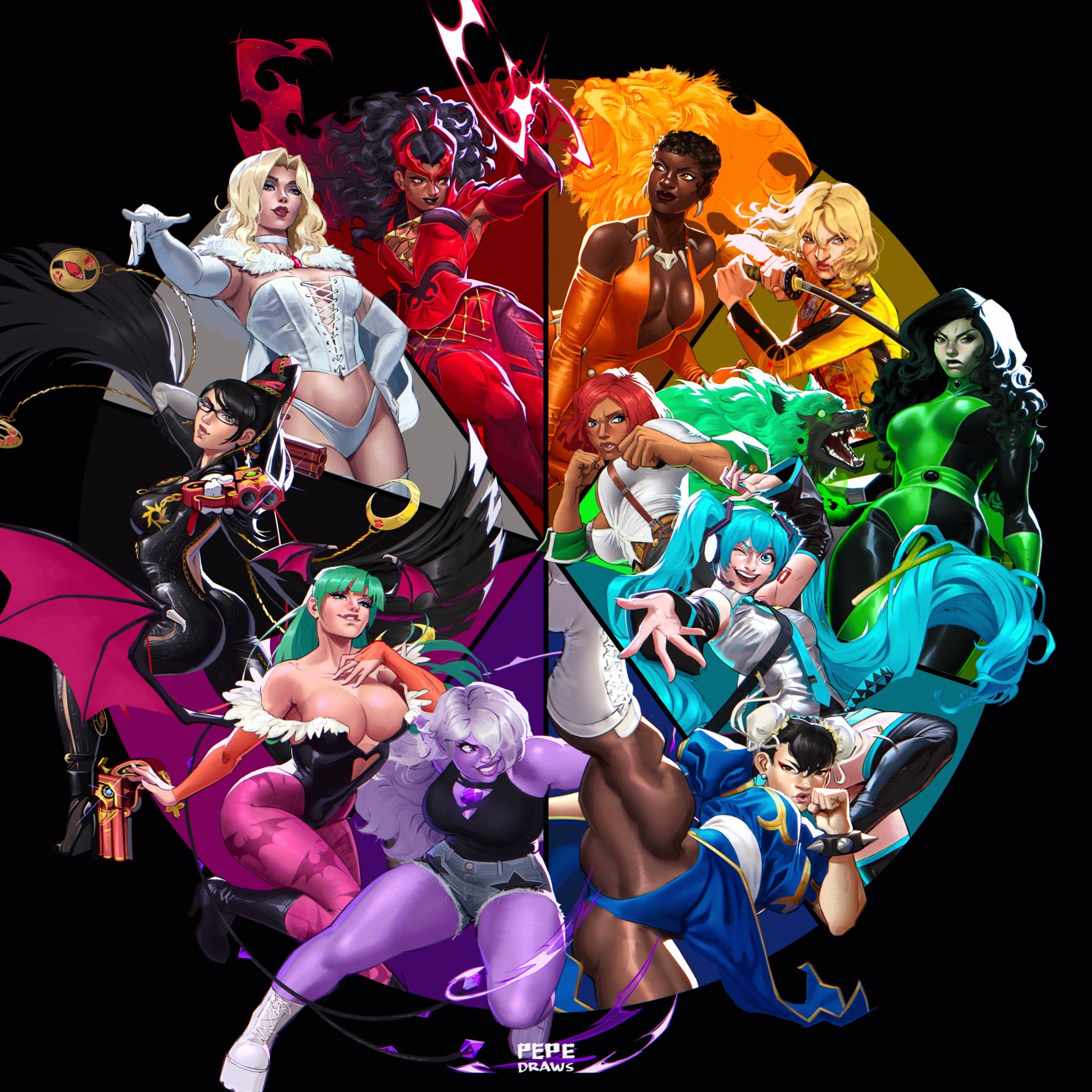 pepedraws, amethyst (steven universe), bayonetta, beatrix kiddo, chun-li, emma frost, giovanna (guilty gear), hatsune miku, morrigan aensland, rei (guilty gear), scarlet witch, scarlet witch (emporium matron), shego, vixen (dc), wanda maximoff, avengers (series), bayonetta (series), bayonetta 1, capcom, darkstalkers, dc comics, guilty gear, guilty gear strive, kill bill, kim possible (series), marvel, marvel rivals, steven universe, street fighter, vocaloid, x-men, commentary, english commentary, highres, 6+girls, ;d, animal print, aqua hair, arrow (symbol), ass, bat print, bat wings, black background, black bodysuit, black hair, black lips, black shirt, blonde hair, blue eyes, blue hair, blunt bangs, bodice, bodysuit, boots, bracelet, breasts, bridal gauntlets, brown pantyhose, bruce lee's jumpsuit, bun cover, chest jewel, china dress, chinese clothes, cleavage, color wheel challenge, colored skin, crossover, cutoffs, dark-skinned female, dark skin, demon girl, dog, double bun, dress, eyeshadow, fur-trimmed leotard, fur trim, gem, glasses, gloves, green bodysuit, green dog, green fur, green skin, groin tendon, gun, hair bun, hair over one eye, head wings, highleg, highleg leotard, holding, holding gun, holding sword, holding weapon, jewelry, jumpsuit, katana, kicking, large breasts, leotard, lion, long hair, looking at viewer, looking to the side, magic, makeup, medium breasts, mole, mole under mouth, multicolored bodysuit, multiple crossover, multiple drawing challenge, multiple girls, navel, necklace, off-shoulder leotard, official alternate costume, one eye closed, open mouth, orange bodysuit, orange eyes, panties, pantyhose, parted lips, pink bridal gauntlets, pixie cut, plunging neckline, print pantyhose, purple eyes, purple gemstone, purple pantyhose, purple skin, reaching, reaching towards viewer, recycling symbol, red dress, red eyeshadow, red gloves, red hair, red lips, shirt, short hair, sleeves pushed up, smile, spiked bracelet, spikes, suspenders, sword, tooth necklace, torn clothes, torn shirt, twintails, underwear, weapon, white bodice, white boots, white gloves, white hair, white panties, wings, wolf, yellow eyes, yellow jumpsuit