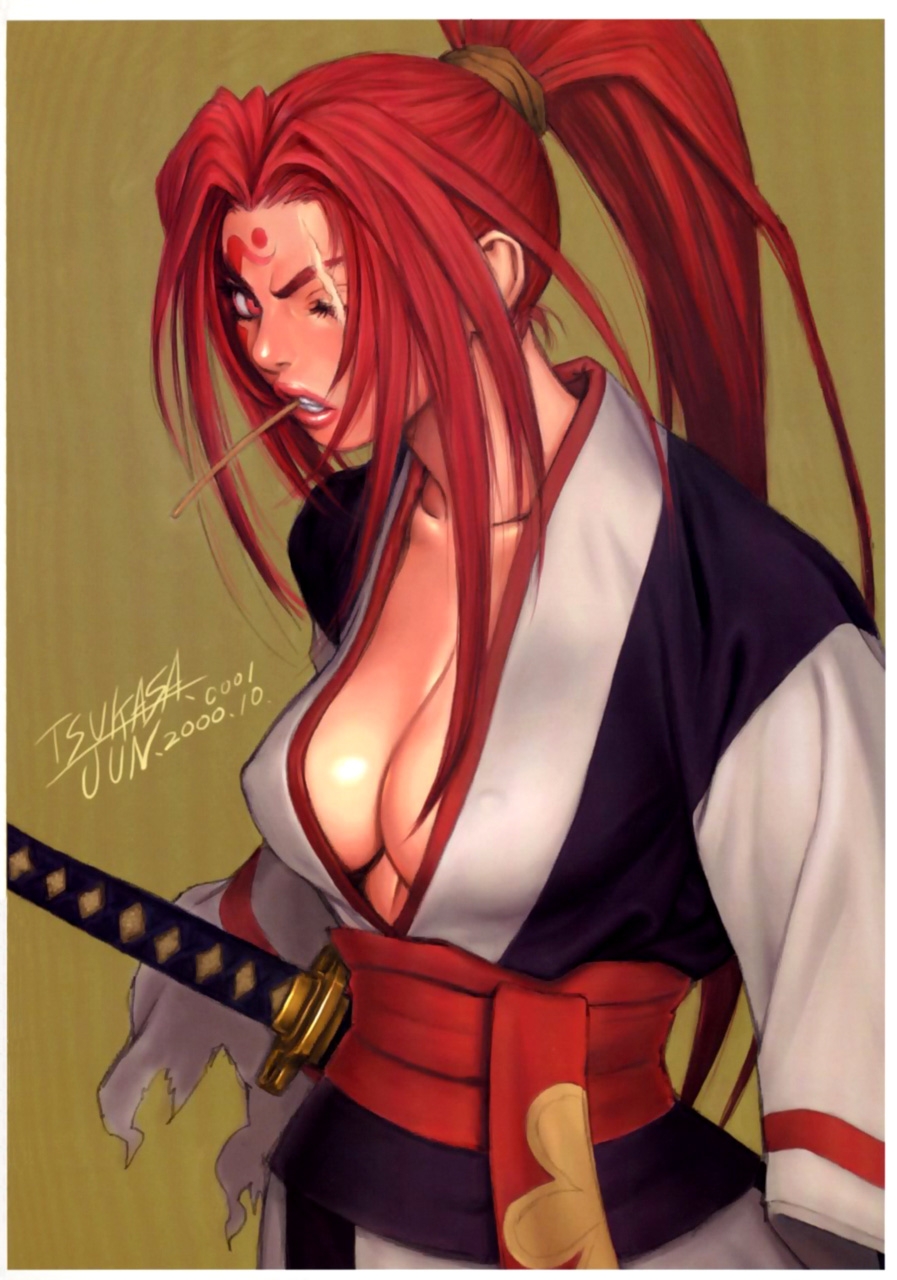 tsukasa jun, baiken, arc system works, guilty gear, highres, scan, 1girl, amputee, angry, breasts, cleavage, clenched teeth, covered erect nipples, facial mark, female focus, forehead mark, haori, japanese clothes, large breasts, lips, lipstick, long hair, looking at viewer, looking back, makeup, no bra, obi, one-eyed, open clothes, open shirt, ponytail, profile, red eyes, red hair, red lips, samurai, sash, scar, scar across eye, scar on face, scrunchie, sheath, shirt, sidelocks, signature, solo, standing, sword, teeth, torn clothes, weapon, wide sleeves