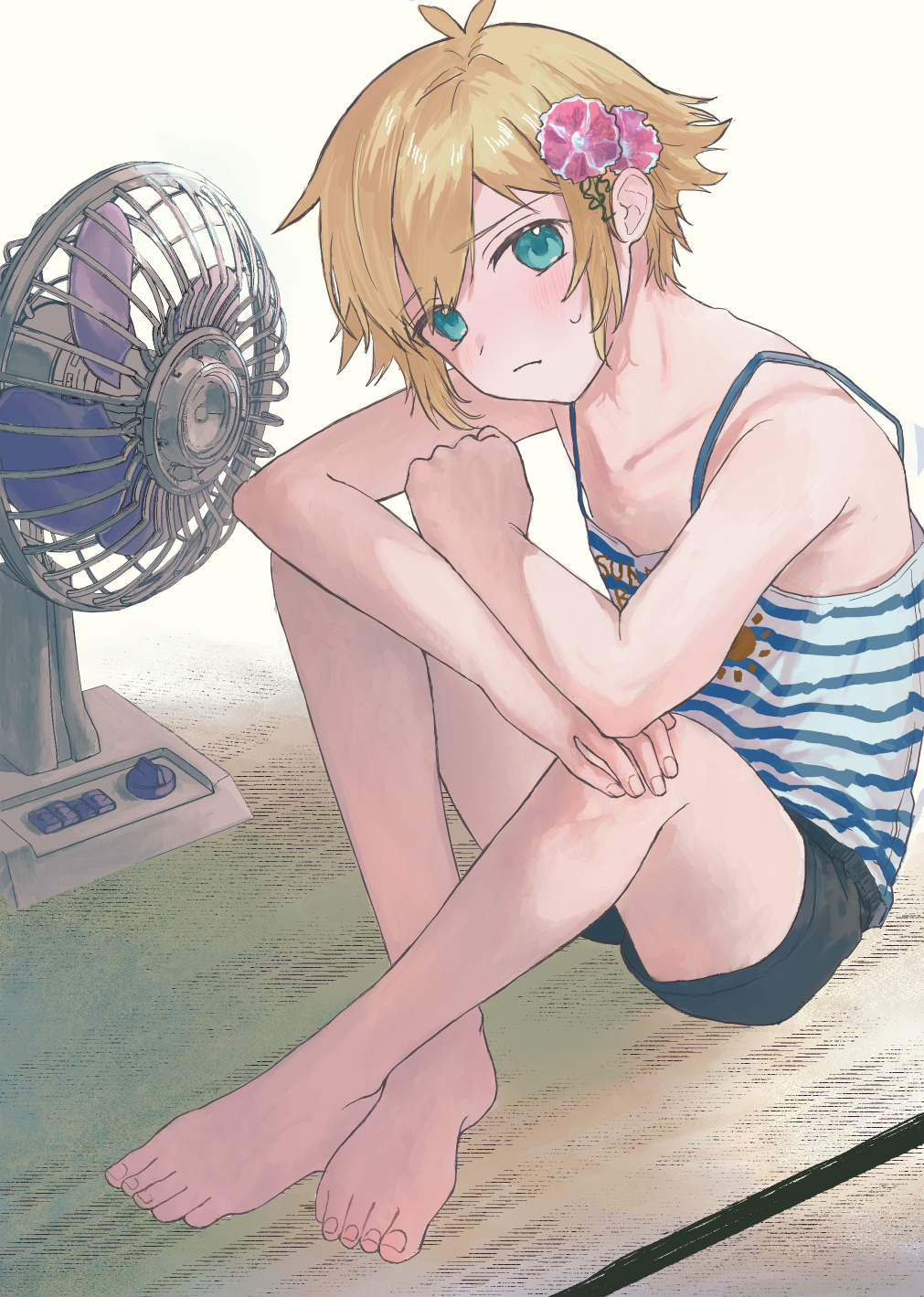 kanaraki, basil (faraway) (omori), basil (omori), omori, commentary, commentary request, english commentary, highres, mixed-language commentary, 1boy, barefoot, blonde hair, feet, fingernails, flower, hair between eyes, hair flower, hair ornament, legs, looking at viewer, male focus, pink flower, sidelocks, solo, tank top, toenails, toes