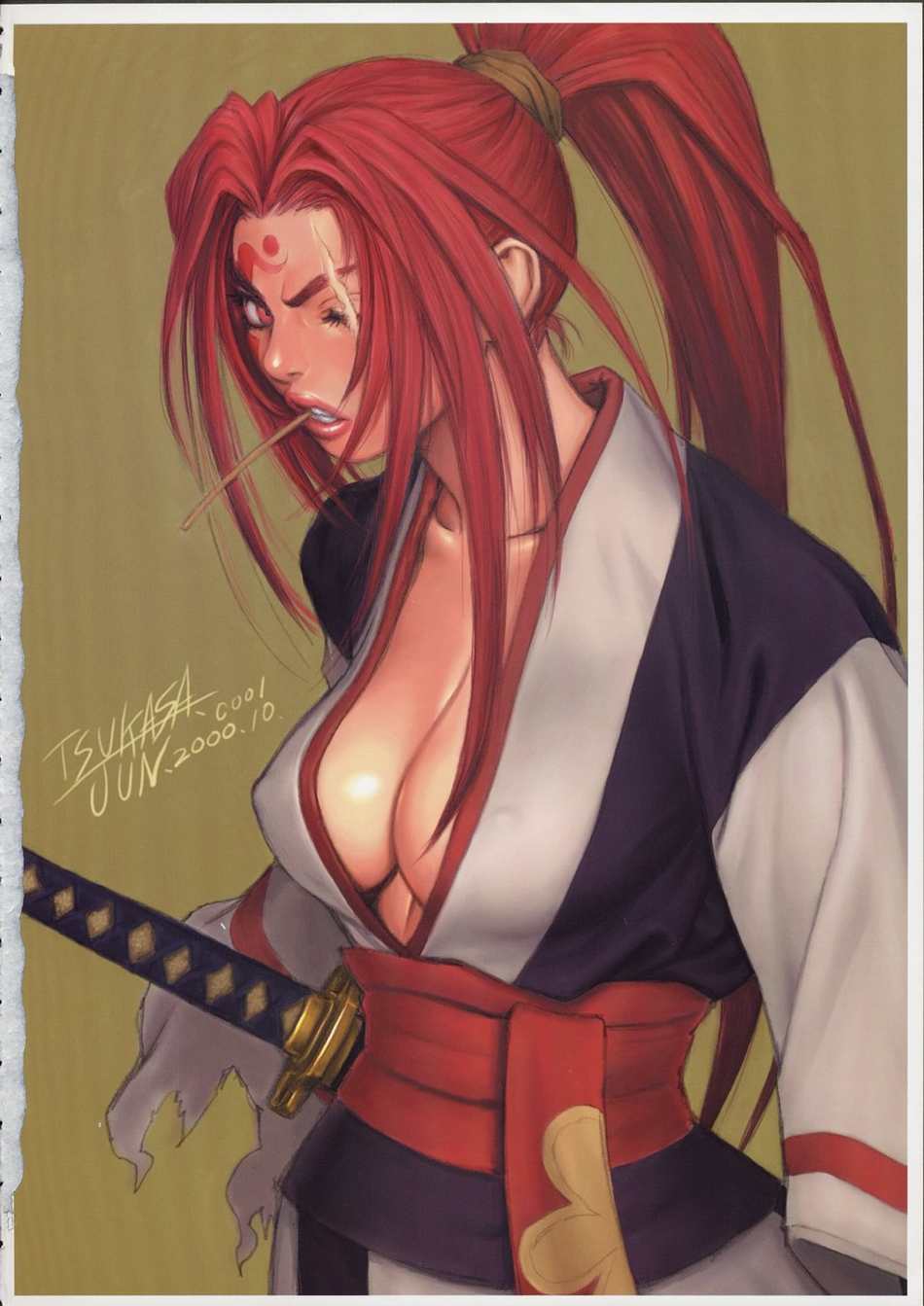 tsukasa jun, baiken, guilty gear, highres, angry, breasts, cleavage, ponytail, red hair, scar, sword, torn clothes, weapon