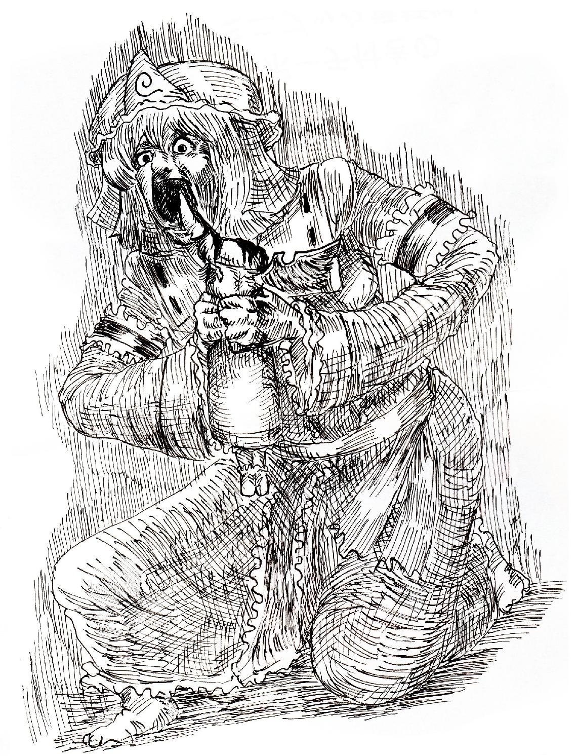 surumelock, mystia lorelei, saigyouji yuyuko, saturn devouring his son, touhou, highres, traditional media, 2girls, dress, female focus, fine art parody, full body, greyscale, hat, monochrome, multiple girls, parody, vore, what, white background