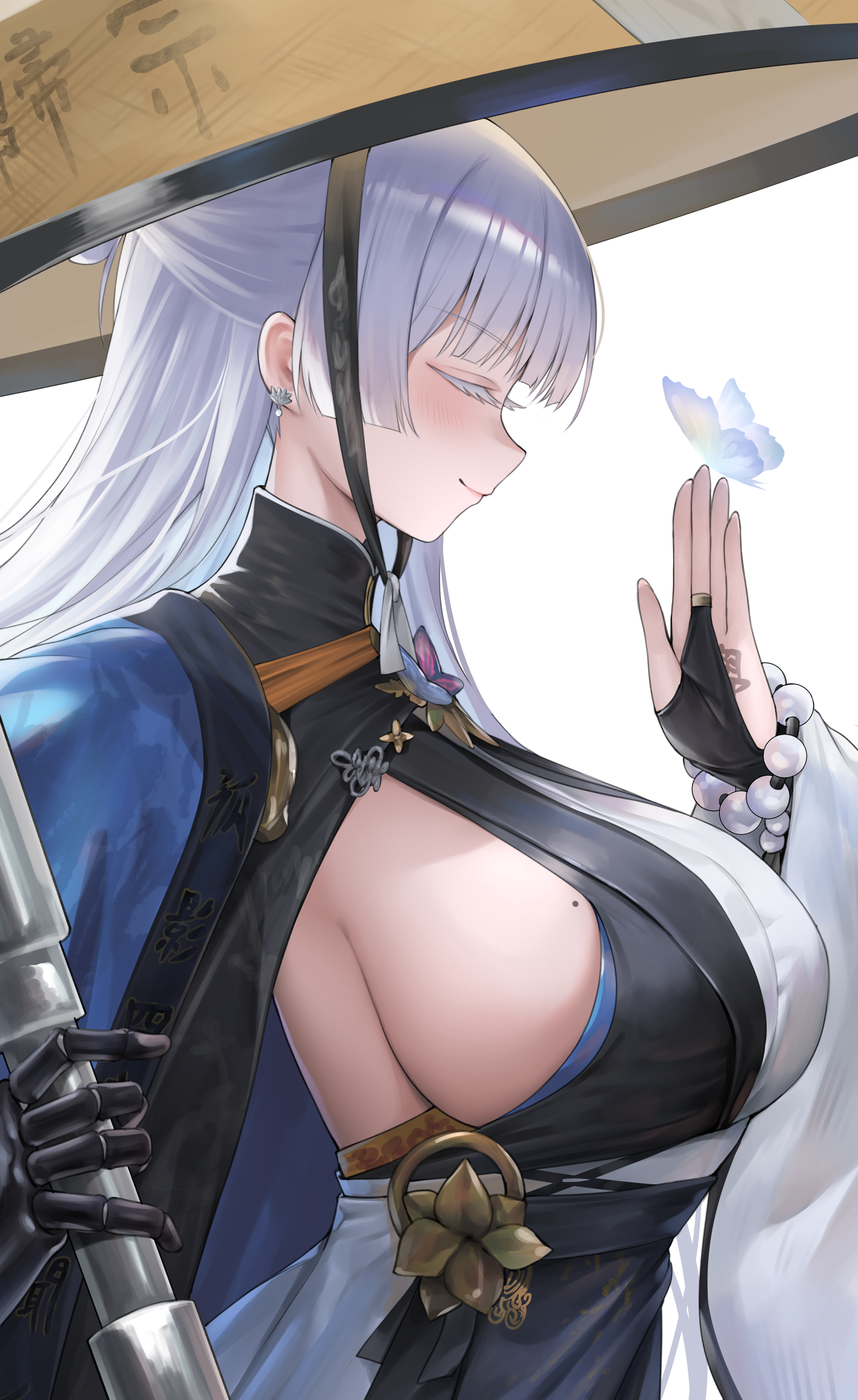 kurone rinka, nayuta (nikke), goddess of victory: nikke, absurdres, bad id, bad pixiv id, commentary request, highres, 1girl, black bridal gauntlets, black kimono, breasts, bridal gauntlets, bug, butterfly, butterfly on hand, closed mouth, colored eyelashes, earrings, from side, hand up, hat, holding, huge breasts, insect, japanese clothes, jewelry, kimono, mechanical hands, mole, mole on breast, profile, sideboob, single mechanical hand, smile, solo, two-tone kimono, upper body, white eyelashes, white hair, white kimono