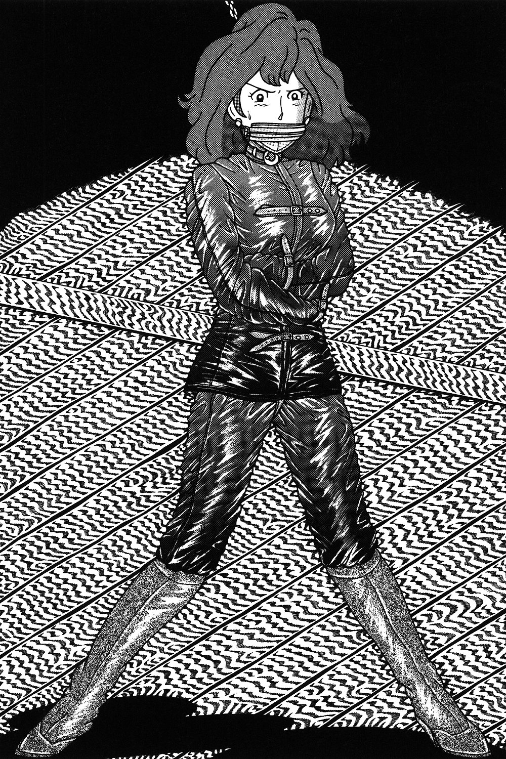 mine fujiko, lupin iii, tms entertainment, highres, bdsm, bondage, bound, earrings, gag, jewelry, monochrome, straitjacket