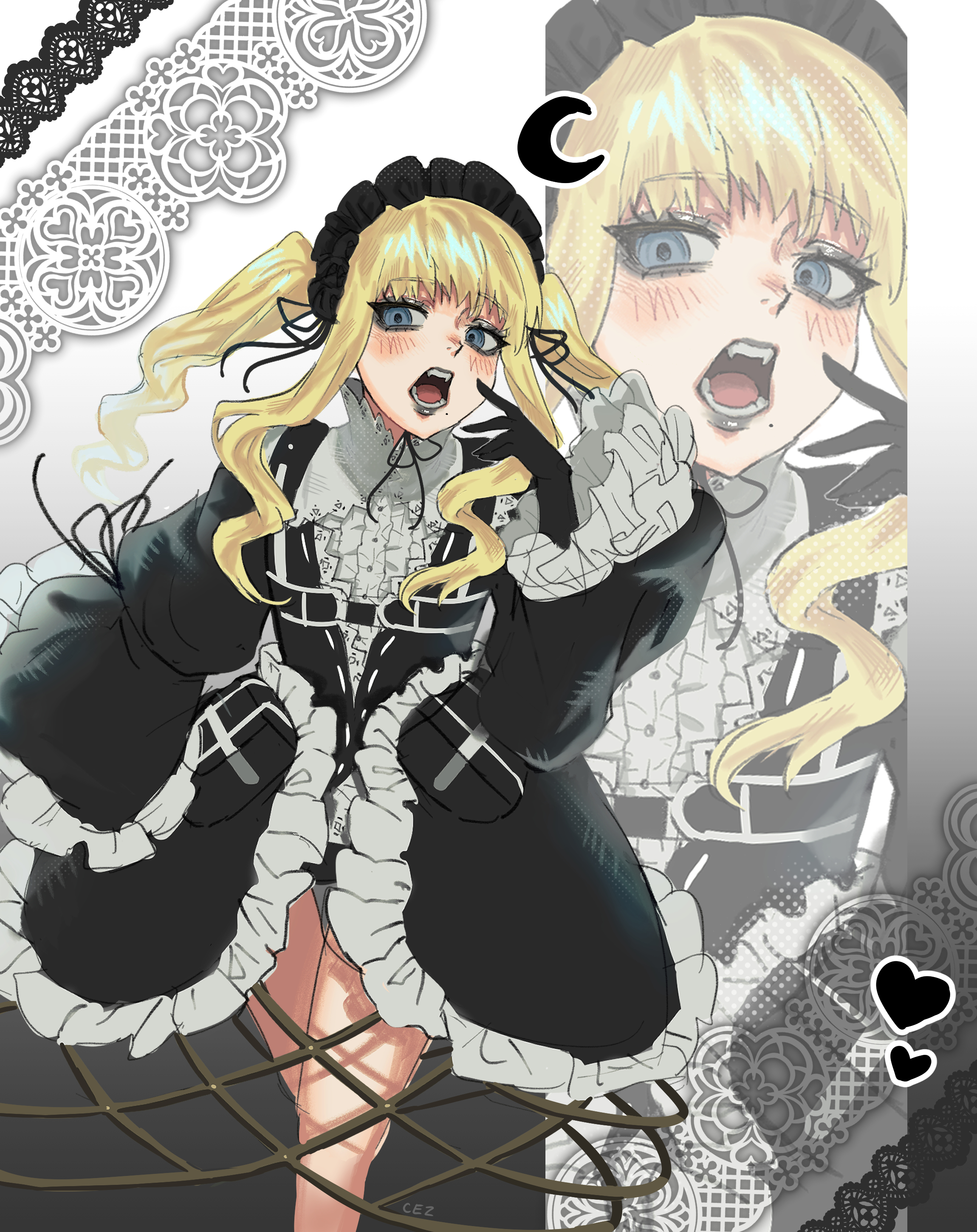 cez, margaret moonlight, no more heroes 2, absurdres, commentary, english commentary, highres, 1girl, black gloves, black hairband, black lips, blonde hair, blue eyes, blush, empty eyes, fangs, feet out of frame, frilled hairband, frills, gloves, hairband, looking at viewer, mole, mole under mouth, open mouth, sidelocks, solo, twintails, wide sleeves, zoom layer