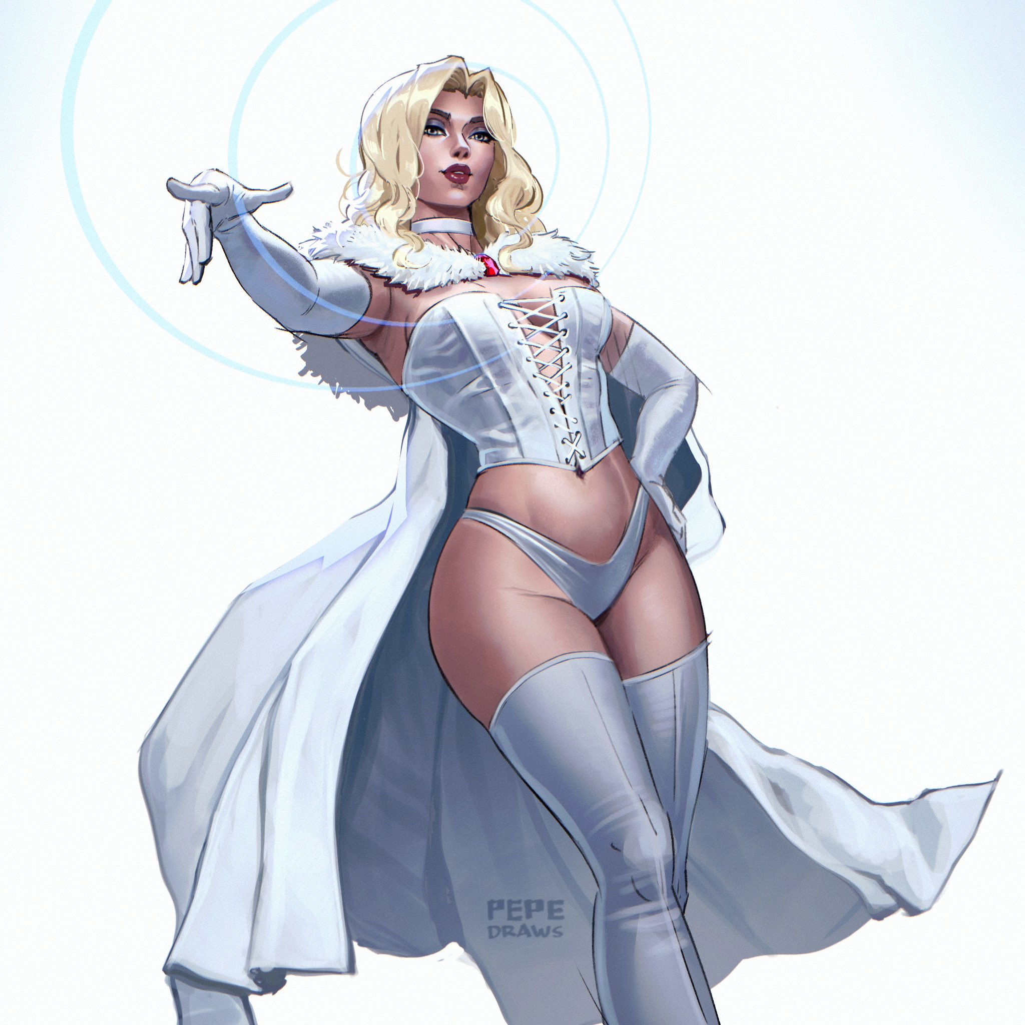 pepedraws, emma frost, marvel, x-men, commentary, cropped, english commentary, highres, 1girl, artist name, blonde hair, blue eyes, blue eyeshadow, bodice, boots, breasts, cape, choker, elbow gloves, eyeshadow, fur-trimmed cape, fur trim, gem, gloves, hand on own hip, large breasts, looking at viewer, makeup, medium hair, navel, panties, parted hair, parted lips, pink gemstone, reaching, reaching towards viewer, red lips, solo, thigh boots, underwear, white background, white bodice, white boots, white cape, white choker, white gloves, white panties, white theme
