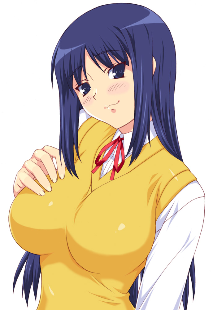 shichimenchou, kurusugawa ayaka, to heart, to heart (series), :3, black hair, breasts, impossible clothes, impossible shirt, large breasts, long hair, school uniform, shirt, simple background, sweater vest, vest