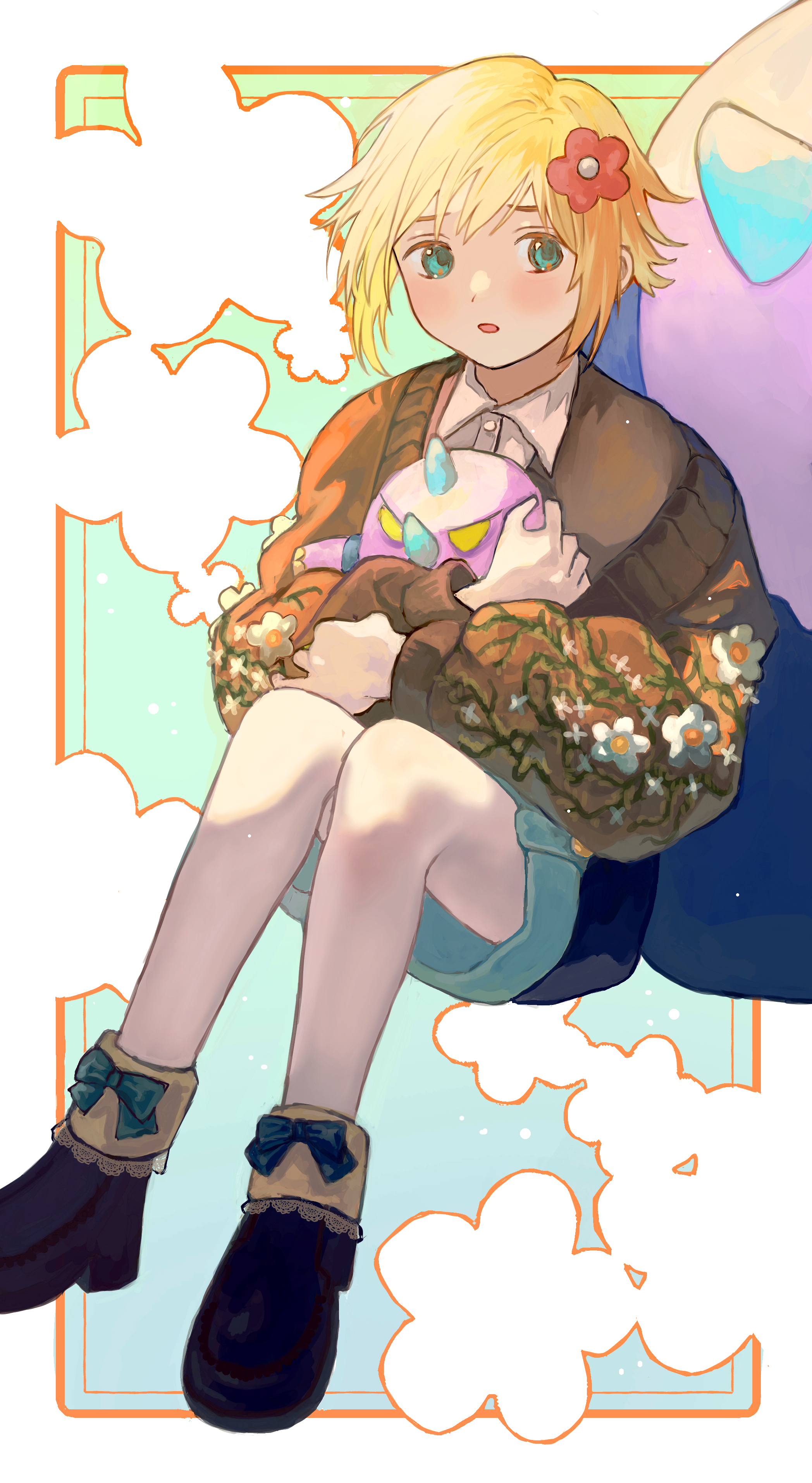 kanaraki, basil (faraway) (omori), basil (omori), boss (omori), omori, absurdres, commentary request, highres, 1boy, alternate costume, black shoes, blonde hair, blue eyes, character doll, collared shirt, doll, flower, hair flower, hair ornament, holding, holding stuffed toy, long sleeves, male focus, open mouth, shirt, shoes, short hair, solo, stuffed animal, stuffed toy, white shirt