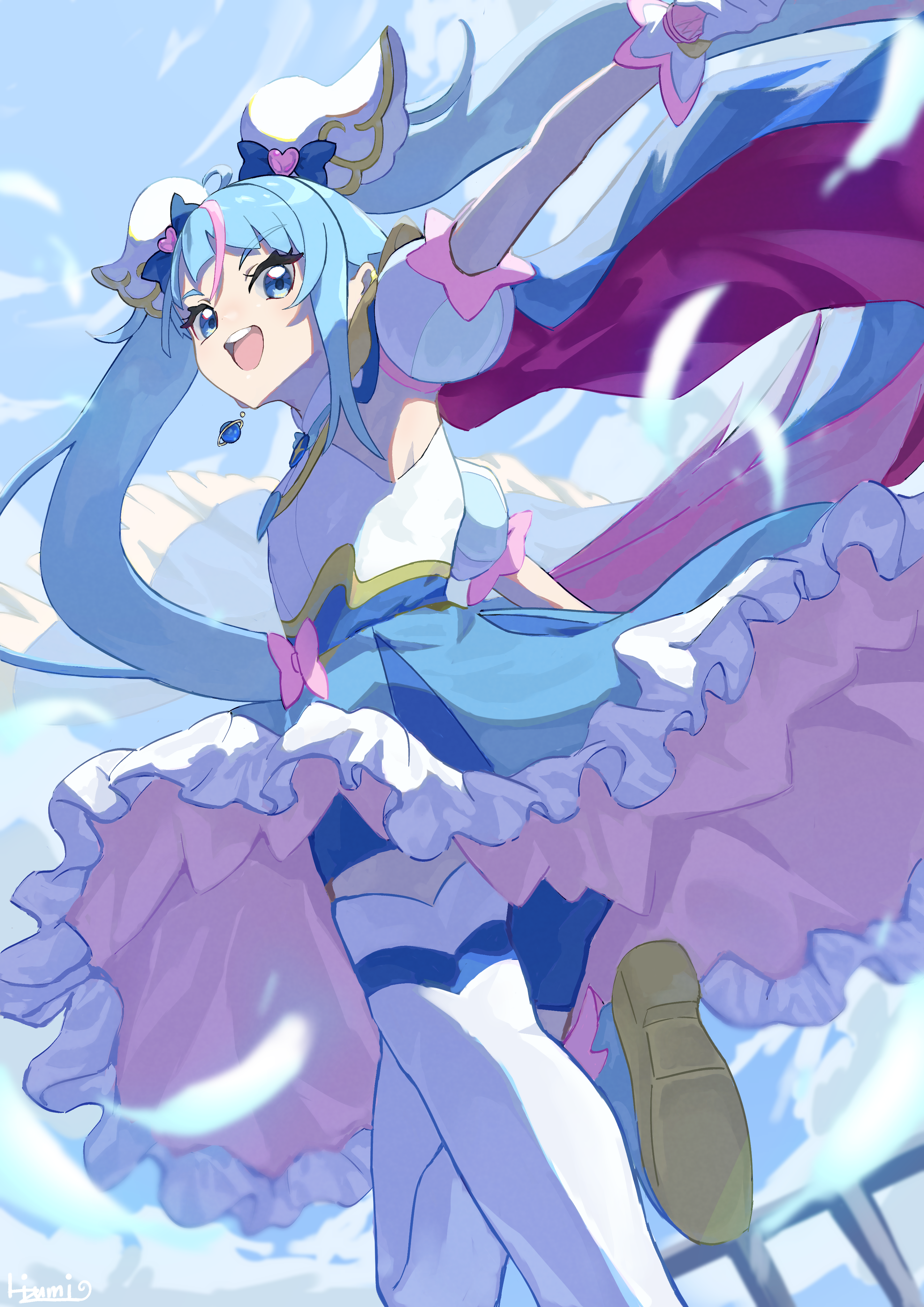 takahashi hizumi, cure sky, sora harewataru, hirogaru sky! precure, precure, absurdres, commentary, highres, 1girl, ankle boots, artist name, bike shorts, blue boots, blue cape, blue dress, blue eyes, blue hair, blue shorts, blue sky, boots, bow, brooch, cape, cloud, cloudy sky, cut bangs, day, detached sleeves, dress, dress bow, earclip, earrings, frilled dress, frills, fringe trim, from behind, gloves, gradient hair, hair ornament, jewelry, leg up, long hair, looking at viewer, looking back, magical girl, medium dress, multicolored hair, open mouth, outdoors, pink bow, pink hair, puffy detached sleeves, puffy sleeves, red cape, shorts, shorts under dress, signature, single earring, single sidelock, sky, sleeveless, sleeveless dress, smile, solo, standing, standing on one leg, streaked hair, thighhighs, twintails, two-sided cape, two-sided fabric, two-tone dress, two-tone hair, very long hair, white dress, white gloves, white thighhighs, wing brooch, wing hair ornament