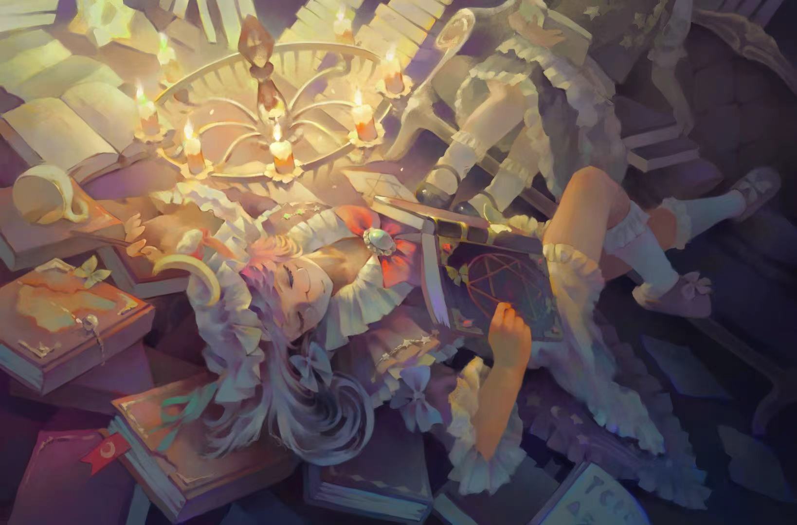 kirisame marisa, patchouli knowledge, touhou, commentary, highres, 2girls, apron, black shoes, black skirt, black vest, book, brooch, candle, chandelier, closed eyes, closed mouth, couch, crescent, crescent hat ornament, cup, dress, frilled skirt, frills, glasses, grimoire, hat, hat ornament, holding, holding book, jewelry, lying, mary janes, mob cap, multiple girls, on back, on couch, open book, purple slippers, reading, shoes, sitting, skirt, sleeping, slippers, socks, ta'er, teacup, vest, waist apron, white apron, white socks