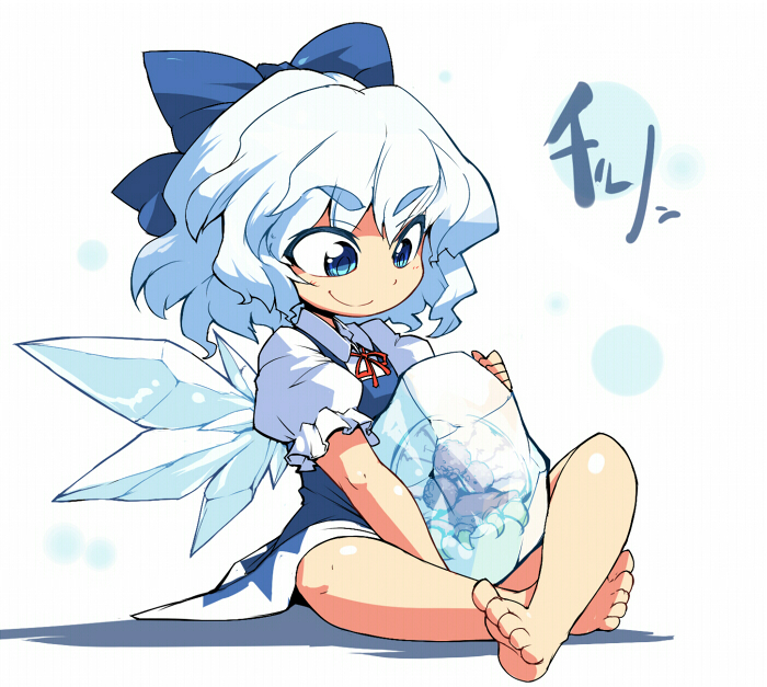 ario, cirno, metroid (creature), metroid larva, metroid, nintendo, touhou, eyebrows, 1girl, barefoot, blue eyes, blue hair, bow, crossover, feet, female focus, hair bow, ice, matching hair/eyes, short hair, smile, solo, wings