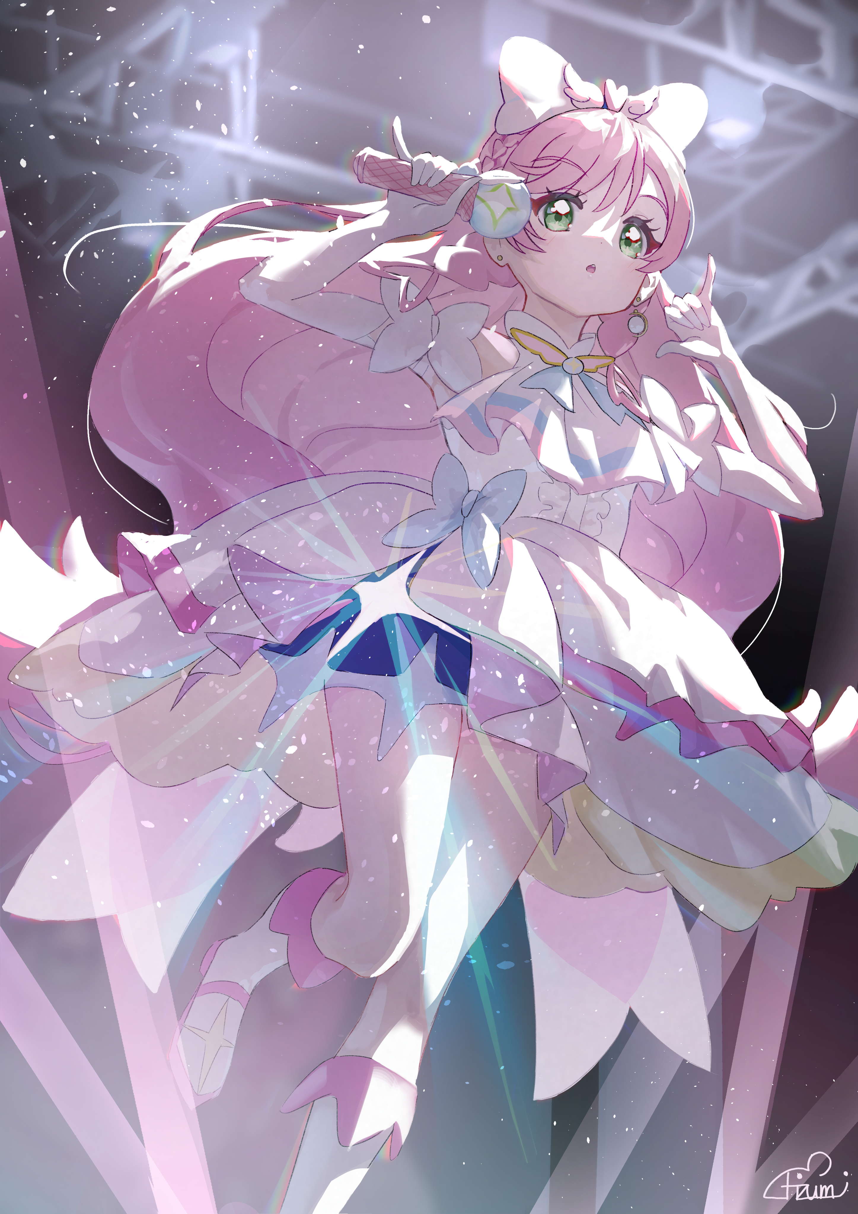 takahashi hizumi, cure prism, nijigaoka mashiro, hirogaru sky! precure, precure, shining, absurdres, commentary, highres, 1girl, m/, artist name, ascot, blue bow, boots, bow, braid, brooch, center frills, crown braid, dress, dress bow, earrings, elbow gloves, frills, glove bow, gloves, green eyes, hair bow, holding, jewelry, knee boots, layered dress, light particles, long hair, looking at viewer, magical girl, medium dress, mismatched earrings, open mouth, pink hair, pinky out, side braids, signature, sky mirage, sleeveless, sleeveless dress, solo, stage lights, standing, standing on one leg, very long hair, white ascot, white boots, white bow, white dress, white gloves, wing brooch