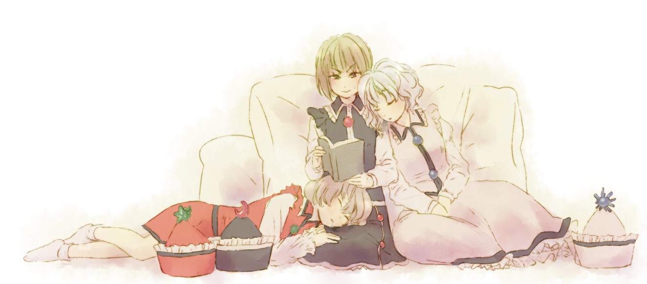 mow (momom), lunasa prismriver, lyrica prismriver, merlin prismriver, touhou, 3girls, book, drooling, female focus, hat, lap pillow, multiple girls, open book, pillow, reading, saliva, siblings, sisters, sleeping