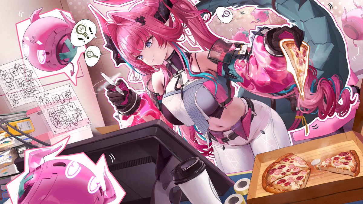 salmon88, yvonne (arknights), arknights, arknights: endfield, commentary, english commentary, 1girl, blue eyes, breasts, crop top, curly hair, gloves, hair intakes, horns, indoors, large breasts, long hair, navel, pink hair, pointy ears, solo, tail, twintails