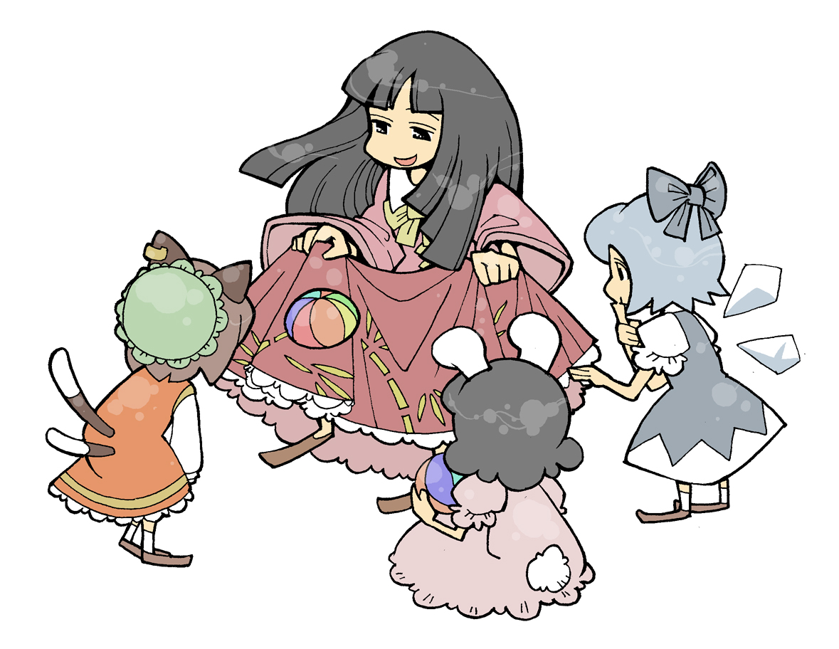 hounori, chen, cirno, houraisan kaguya, inaba tewi, touhou, 4girls, :d, ball, blue dress, blush, cat tail, dress, full body, ice, ice wings, multiple girls, multiple tails, nekomata, open mouth, puffy short sleeves, puffy sleeves, short sleeves, simple background, skirt hold, smile, standing, tail, two tails, white background, wings