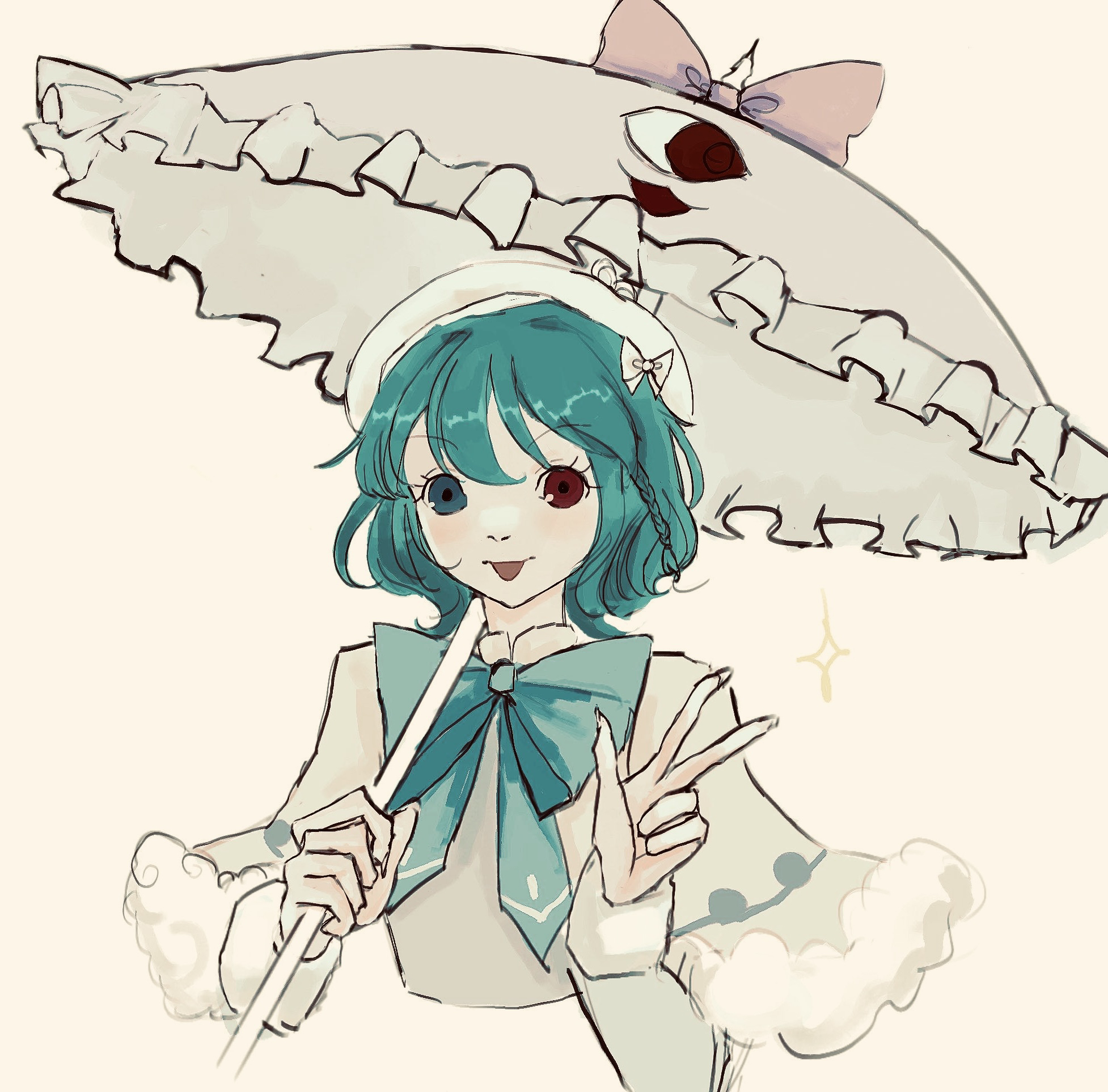 tatara kogasa, touhou, highres, 1girl, alternate costume, blue bow, blue bowtie, bow, bowtie, braid, capelet, cropped torso, frilled umbrella, frills, fur-trimmed capelet, fur trim, hat, hat bow, heterochromia, holding, holding umbrella, karakasa obake, long sleeves, one-eyed, short hair, simple background, single braid, solo, swept bangs, tam o' shanter, tongue, tongue out, umbrella, v, wavy hair, youmulover