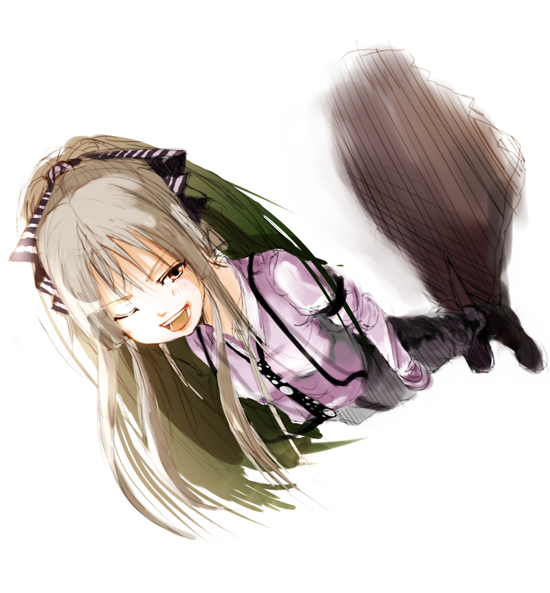 yae (mono110), fujiwara no mokou, touhou, silver hair, bad id, bad pixiv id, 1girl, female focus, full body, hair ribbon, long hair, necktie, open mouth, red eyes, ribbon, shadow, solo, standing, suspenders, white background, wink