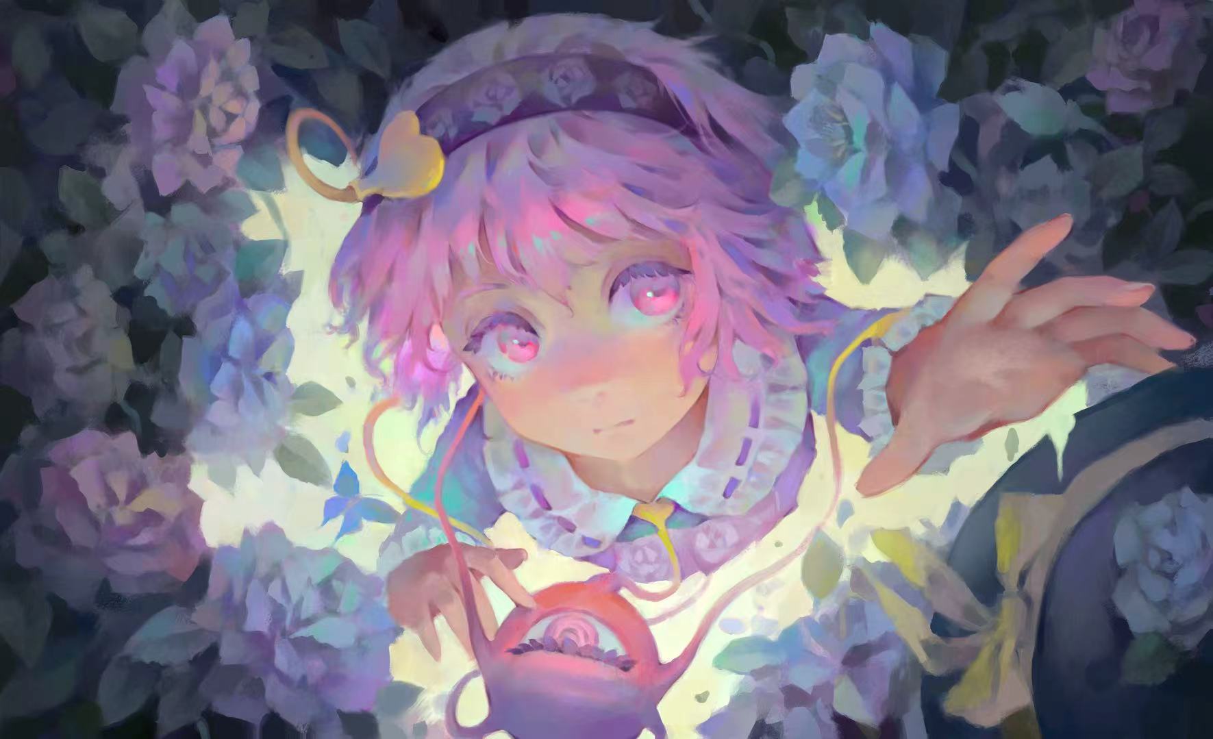 komeiji satori, touhou, commentary, highres, 1girl, black hairband, blue butterfly, blue flower, blue rose, blue shirt, bug, butterfly, buttons, closed mouth, eyeball, flower, frilled shirt collar, frilled sleeves, frills, hair ornament, hairband, hat, heart, heart button, heart hair ornament, insect, long sleeves, looking at viewer, pink eyes, pink flower, pink hair, pink rose, pink skirt, ribbon-trimmed collar, ribbon trim, rose, shirt, skirt, solo, ta'er, third eye, unworn hat, unworn headwear
