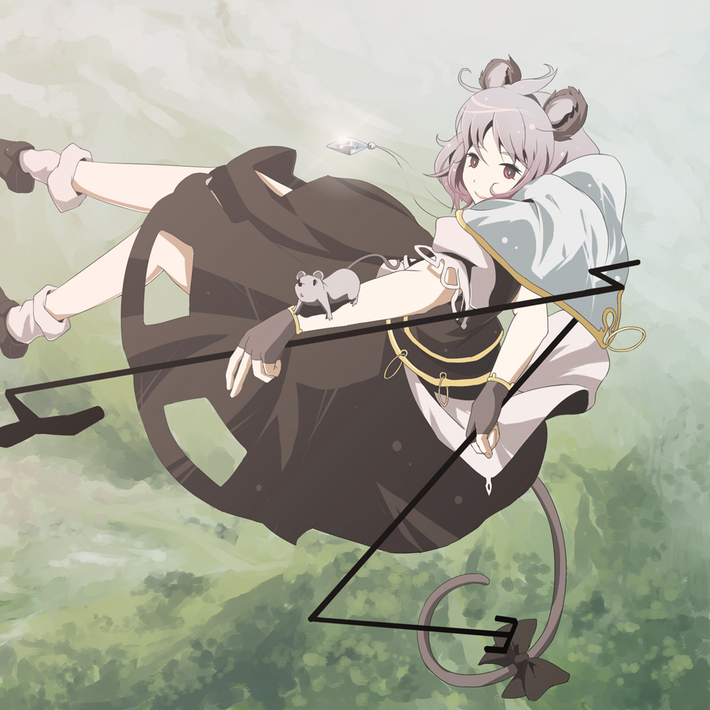 ryuu, ryuu (tsukinoyuki), nazrin, touhou, 1girl, animal ears, anime coloring, basket, female focus, flying, grey hair, jewelry, mouse (animal), mouse ears, mouse tail, pendant, short hair, solo, tail