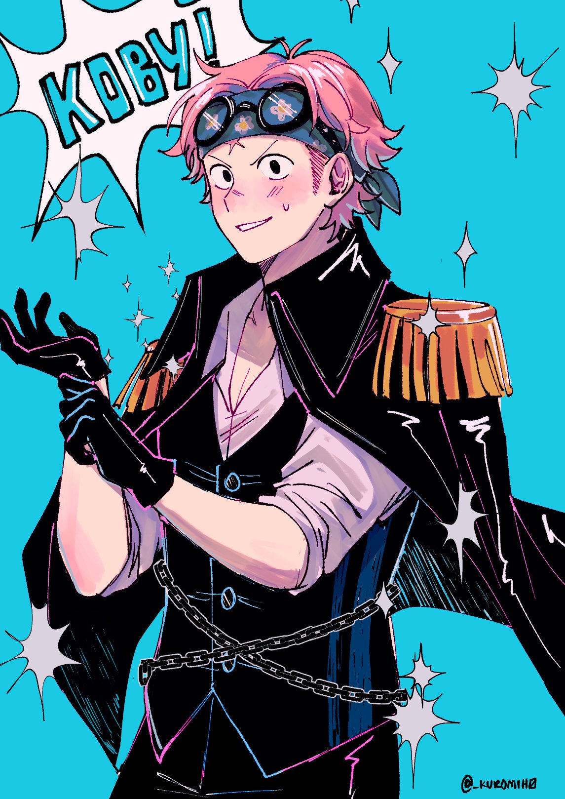 mih0, koby (one piece), one piece, one piece film: red, commentary, english commentary, highres, 1boy, black coat, black gloves, black pants, black vest, blue background, blush, chain, character name, coat, coat on shoulders, collared coat, cowboy shot, epaulettes, floral print, gloves, headband, male focus, pants, pink hair, scar, scar on face, shirt, short hair, sideburns, smile, solo, sparkle, sweatdrop, twitter username, vest, white shirt