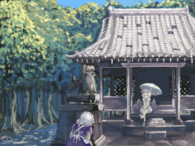 gigokku, izayoi sakuya, remilia scarlet, touhou, 2girls, female focus, forest, hiding, komainu, multiple girls, nature, shrine, sitting, statue, umbrella