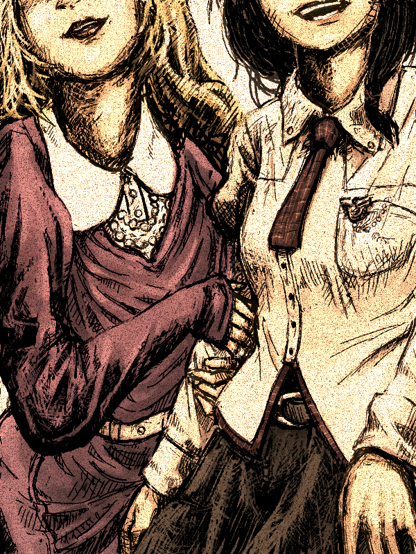 pe-tan, maribel hearn, usami renko, ghostly field club, touhou, 2girls, arm hug, close-up, female focus, head out of frame, laughing, multiple girls, necktie, square-end necktie