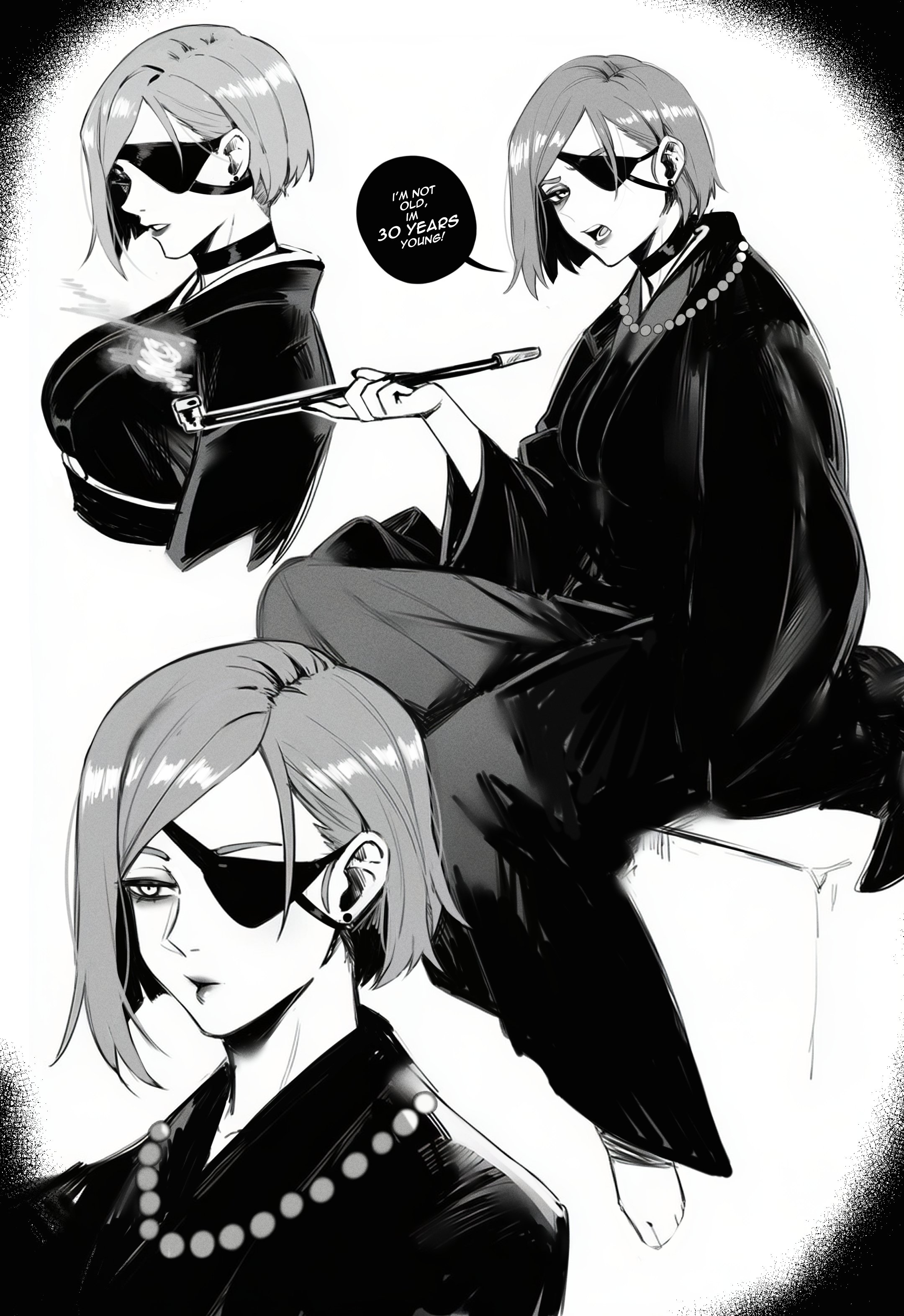 masoq, kugisaki nobara, jujutsu kaisen, jujutsu kaisen modulo, absurdres, commentary, english commentary, highres, 1girl, eyepatch, holding, holding smoking pipe, japanese clothes, jewelry, kimono, monochrome, necklace, short hair, smoking pipe, upper body