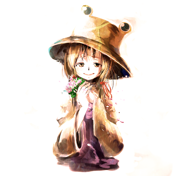 yae (mono110), moriya suwako, touhou, bad id, bad pixiv id, 1girl, female focus, flower, hat, plant, simple background, solo, upper body, white background, yellow eyes