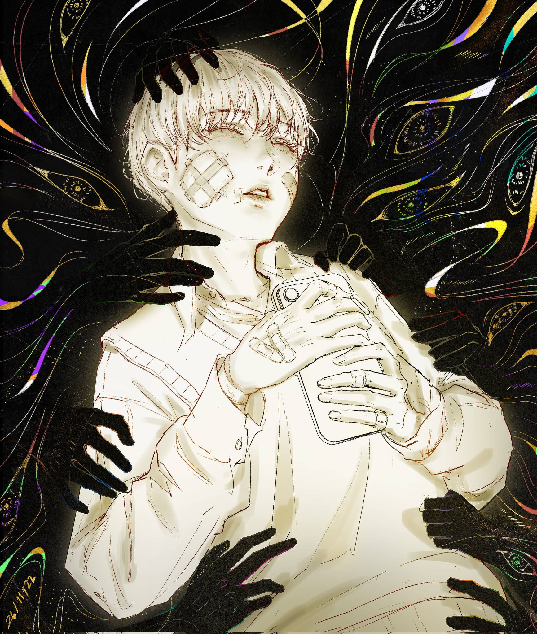 kim dokja, oldest dream, omniscient reader's viewpoint, commentary, english commentary, highres, 1boy, aurumu, bandage on face, bandages, bandaid, bandaid on face, bandaid on hand, closed eyes, collared shirt, cowboy shot, head tilt, holding, holding phone, limited palette, male focus, parted lips, phone, shirt, short hair, solo focus, surreal, too many eyes, too many hands, vest, white shirt