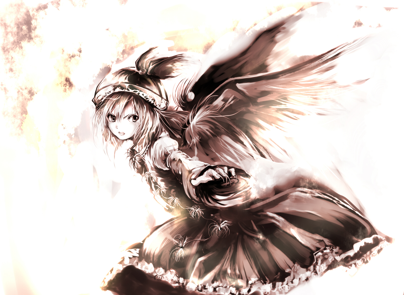 yae (mono110), mystia lorelei, touhou, bad id, bad pixiv id, highres, 1girl, dress, female focus, fingernails, hat, short hair, solo, wings