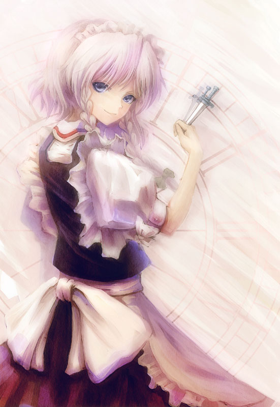 hyuuga azuri, izayoi sakuya, touhou, silver hair, 1girl, braid, female focus, knife, short hair, solo, twin braids