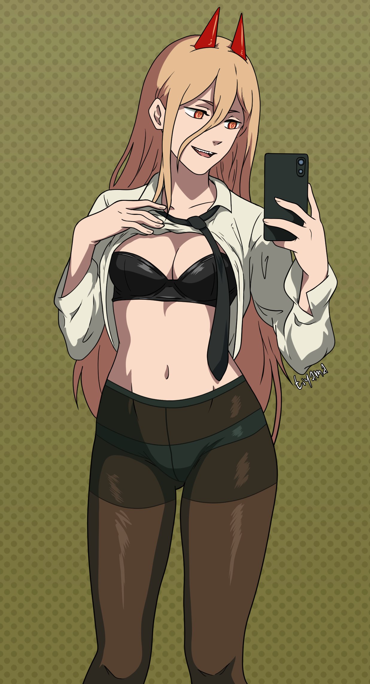 tiyamamashuu, power (chainsaw man), chainsaw man, commentary, english commentary, highres, 1girl, artist name, black bra, black necktie, black panties, blonde hair, bra, breasts, brown pantyhose, collarbone, collared shirt, cowboy shot, gradient background, hair behind ear, hair between eyes, horns, knees, lifting own clothes, long hair, looking at phone, medium breasts, mirror selfie, navel, necktie, open mouth, panties, pantyhose, phone, polka dot, polka dot background, red eyes, red horns, selfie, shirt, signature, solo, stomach, symbol-shaped pupils, underwear, white shirt