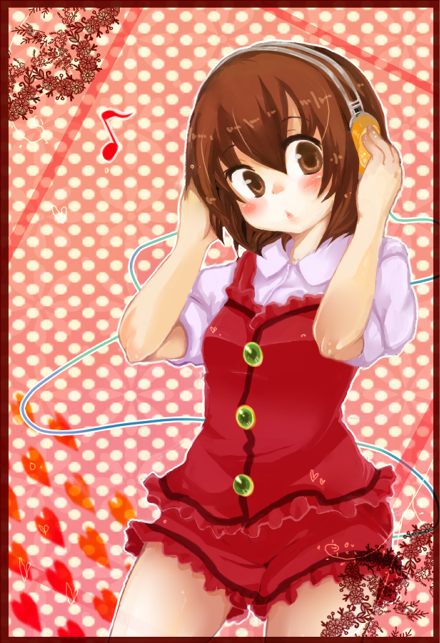takamura, lyrica prismriver, touhou, bad id, bad pixiv id, 1girl, brown eyes, brown hair, female focus, hands on headphones, headphones, musical note, no headwear, short hair, solo, wide-eyed